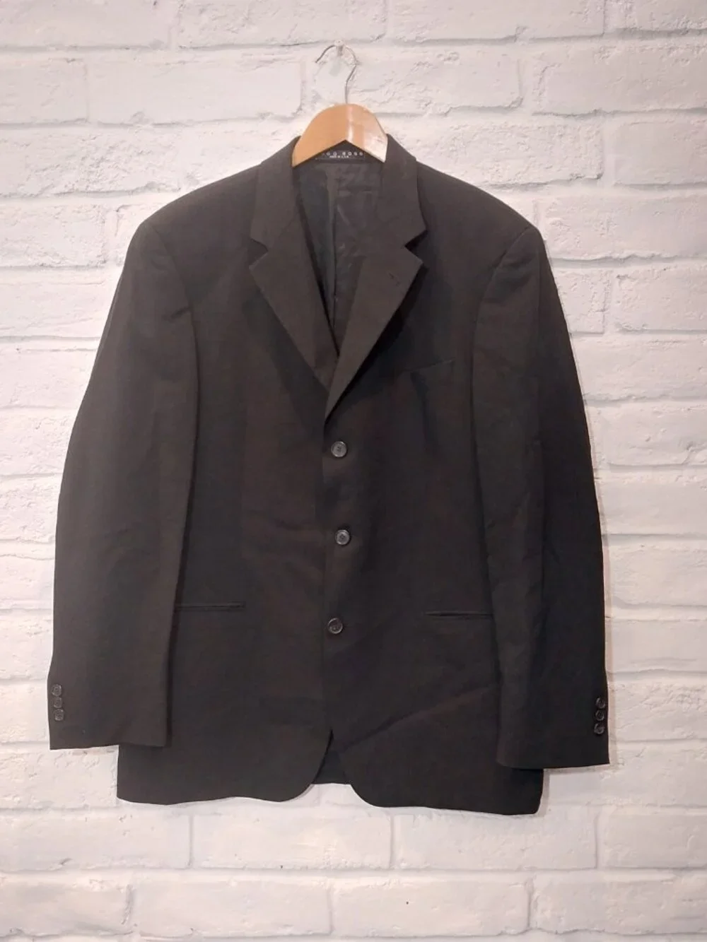 Vintage Hugo Boss Sport Coat 44R Solid Black 100% Virgin Wool Blazer Made in USA